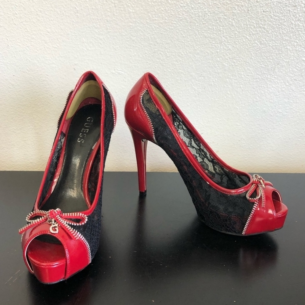 Guess Red Faux Leather Black Lace High Heels